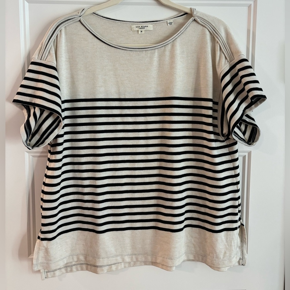 Vince Camuto Cream and Black Striped Short Sleeve Top